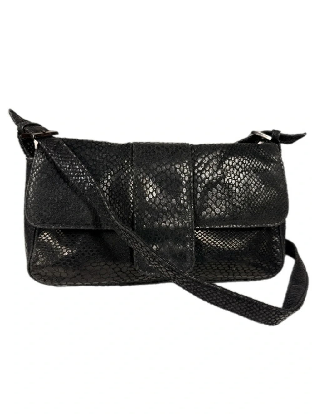 Studio Imports | Textured Black Shoulder Bag Flap Closure Snakeskin print